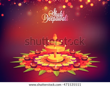 Elegant Traditional Festive Background Creative Beautiful Rangoli With Illuminated Lit Lamps Vector Shiny Illustration