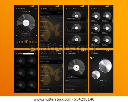 Material Design UI, UX Screens, flat web icons for musical mobile apps, responsive websites with Welcome Screens, Music-track Screens, Setting Screens.