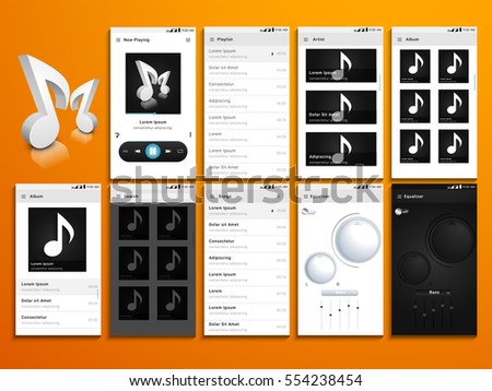Material Design UI, UX Screen, flat web icons for musical mobile apps, responsive websites with Welcome, Music-track, Setting, Thumbnail Preview Screens.