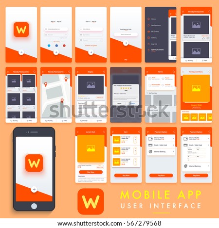 Search Mobile Apps Material Design, UI, UX, GUI kit with Sign In, Sign Up, Search Restaurant, Location, Rating, Home, Cart and Payment Screens.