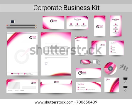 Corporate Business Kit with glossy pink waves. Branding identity templates including Letter Head, Business Card, Web Header or Banner, Envelope etc.