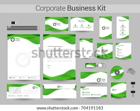 White Corporate Identity with green waves. Professional Business Branding Kit including Letter Head, Web Banner or Header, Notepad and other objects.