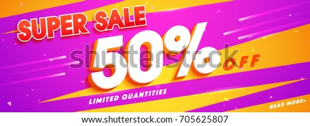 Super Sale with 50% Off. Social media banner design in yellow and purple colors.