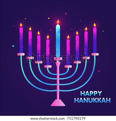 Jewish holiday Hanukkah with menorah (traditional Candelabra) on blue.