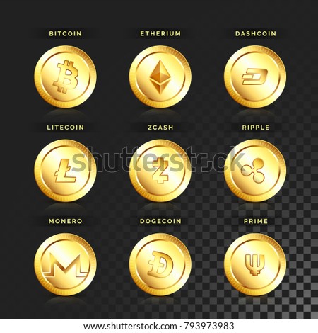 Set of cryptocurrencies in golden coins.