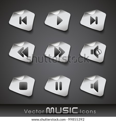 Set of glossy music web 2.0 icons or buttons in black and white color on transparent background. EPS 10. Vector illustration.