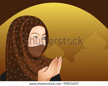 Young muslim girl in hijb reading namaj ( Muslim prayer ) on seamless mosque background. EPS 10. Vector illustration.