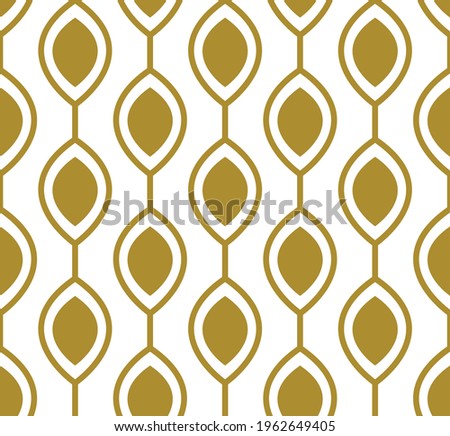 Simple repeat geometric Ogee pattern in gold fill and outline. Oval shapes connected by vertical lines on a white background