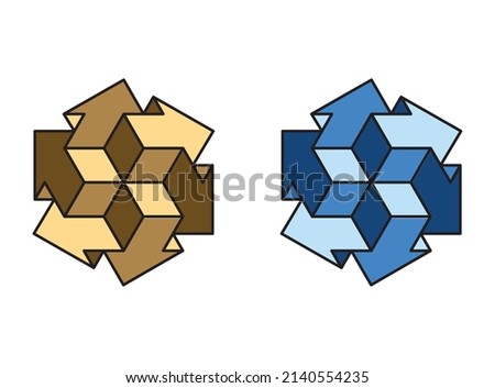 3d geometrical design of a group of block arrows pointing in all directions. Set of two with fill colors of golden browns or blues both against a white background.