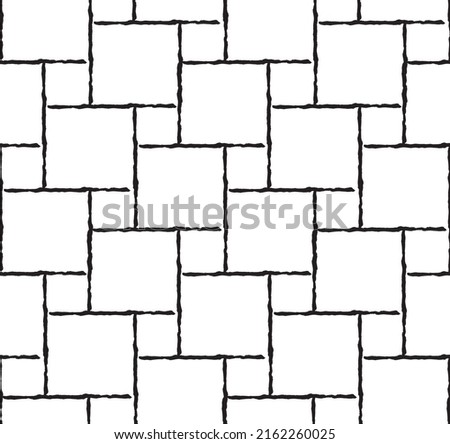 Simple repeating large and small square shapes pattern in rough-edged black outline on a white background, geometric vector illustration