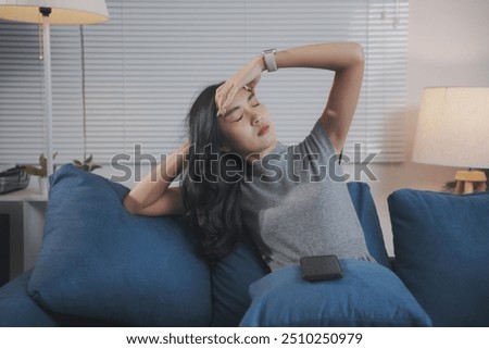 Similar – Image, Stock Photo Woman worried while showing off the window in the city during a spring day, mental health concept