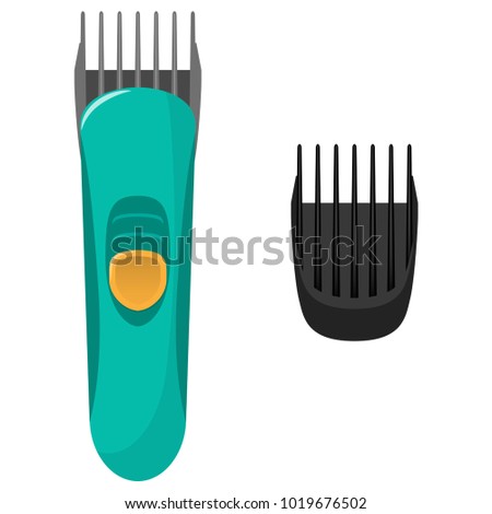 Modern electric hair clipper and the original replacement air nozzle for it. Vector flat illustration, isolated on white background