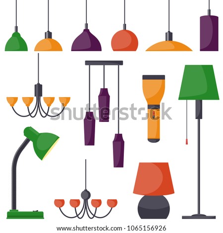 Lamps of different types, set. Chandeliers, lamps, bulbs, table lamp, flashlight, floor lamp - elements of modern interior. Vector illustration in flat style