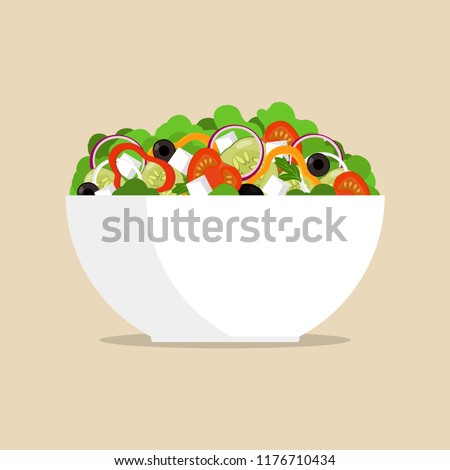 Fresh greek salad in big bowl, side view. Tomato, sweet pepper, onion, greens, cheese, olives, cucumber, mixed in plate Vector flat illustration