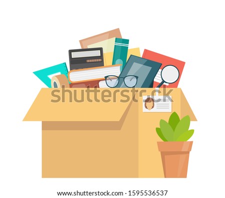 Office accessories in cardboard box. Working stuff, documents, plant, photo frame, calculator, glasses. Moving into a new office. Flat style vector illustration.