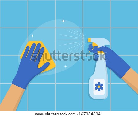 Cleaning concept. Hand in blue rubber glove cleans the tile with sponge and cleaning spray. Cleaning service background design. Vector illustration in flat style