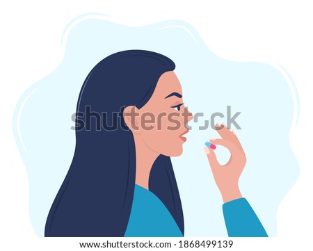 Woman taking a pill in to her mouth. Woman holds a pill in her hand and intends to take it. Medication treatment, pharmacy and medicine, concept vector illustration