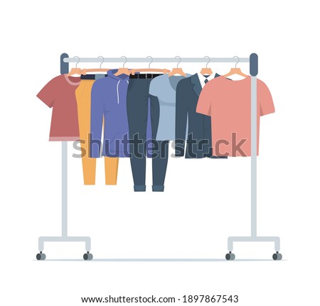 Clothes hanger with different casual man and woman clothes. Casual seasonal clothes. Boutique, assortment showroom, personal wardrobe, dressing room. Vector illustration in flat style
