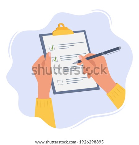 Hands holding clipboard with checklist with green check marks and pen. Human filling control list on notepad. Concept of Survey, quiz, to-do list or agreement. Vector illustration in flat style