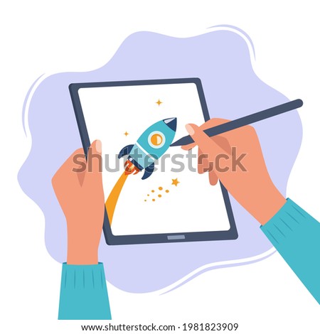 Designer illustrator draws a cute illustration on graphic tablet with pen. Hands holding tablet and stylus pen. Art creating, graphic design, digital drawing. Freelance 2D artist. Vector illustration