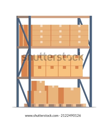 Warehouse. Storage. Shelvings with cardboard boxes. Warehouse racks. Vector flat illustration
