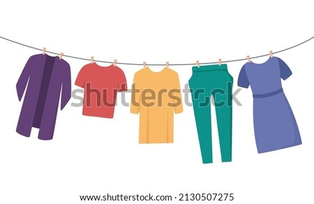 Clothes on clothesline. Clothes and accessories after washing on a rope. T-shirt, dress, trousers, blouse. Flat vector illustration for housekeeping, cleanliness concept