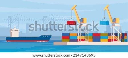 Cargo ship loading in city port. Cranes on dockside, pier unloading shipping containers from freight vessel to shore. Vector illustration in flat style