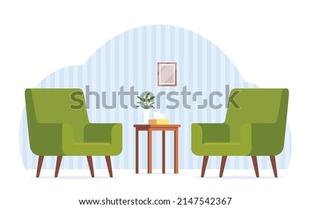 Two green armchairs opposite each other. Armchairs for psychological consultation. Table, box of napkins, flowers. Comfortable interior, office for psychotherapeutic consultations. Vector illustration