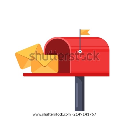 Mailbox with a raised flag, with an open door and letters inside. Red post box with envelope, isolated on white background. Vector illustration