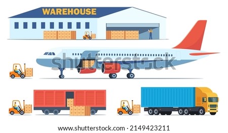 Loading boxes with goods from warehouse into different types of cargo transport. Cargo plane, train, truck and forklift loads cargo into them. Cargo and delivery, set of elements, vector illustration