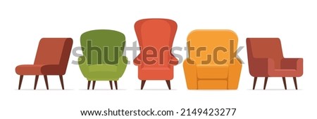 A line of fashionable armchairs. Comfortable Armchairs. Soft furniture for rest and relaxation. Furniture store advertising. Room decoration, interior. Vector illustration