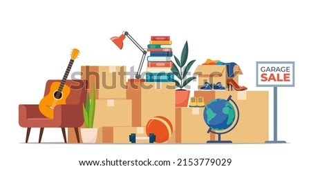 Garage sale banner with flat furniture objects arranged on the floor - house plants, guitar, books, clothes, chair and others. Flea market old stuff clutter. Vector illustration