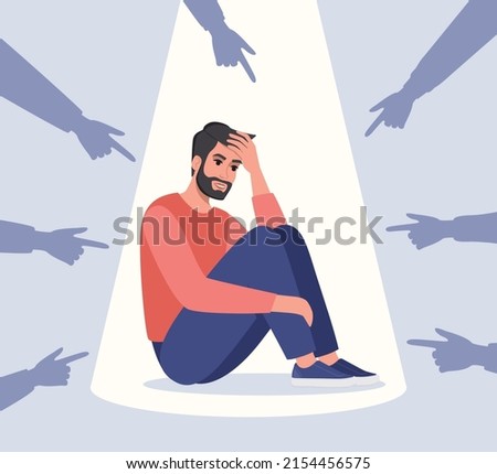 Sad or depressed young man surrounded by hands with index fingers pointing at him. Concept of quilt, accusation, public censure and victim blaming. Flat vector illustration Foto d'archivio © 