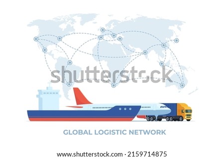 Cargo logistics transportation concept. Cargo ship, train, truck transport on a background of the world map. Import, export . Global freight transportation. Vector illustration