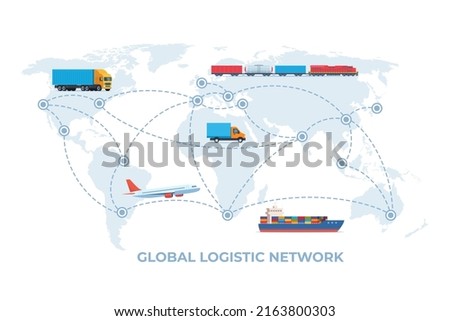 Cargo logistics transportation concept. Global logistic network. Cargo plane, ship, train, truck transport on a background of the world map. Import, export. Global freight transportation. Vector