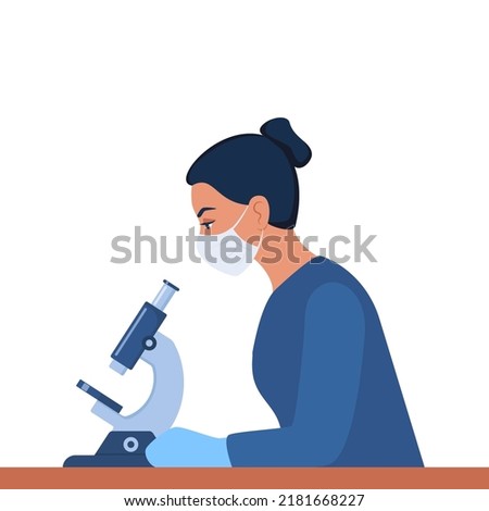 Woman scientist is looking through a microscope. Chemistry laboratory specialist working on research and exploration, sitting at the table in potective mask. Vector illustration