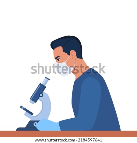 Man scientist is looking through a microscope. Chemistry laboratory specialist working on research and exploration, sitting at the table in potective mask. Vector illustration