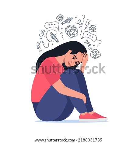 Young woman is sitting surrounded by stream of thoughts, chaos in head. Mental disorder, anxiety, depression, stress, headache. Dizziness, sad, anxious thoughts, emotional burnout. Vector