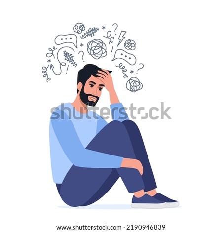Young man is sitting surrounded by stream of thoughts, chaos in head. Mental disorder, anxiety, depression, stress, headache. Dizziness, sad, anxious thoughts, emotional burnout. Vector illustration