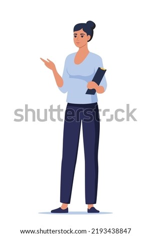 Woman introduce, show and present something. Business speaker standing with clipboard and pointing direction, gesturing with arm. Female presenter. Vector illustration