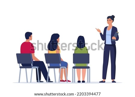 Woman trains newcomers to company. HR manager explains tasks, sets goals for interns. Staff management concept. Personnel training. Onboarding, orientation training on first day. Vector illustration