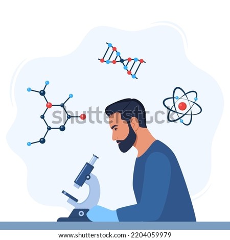 Man Scientist, Chemical Researcher with Microscope. atom, a molecule of organic substance, a fragment of a DNA chain. Experiment concept. Vector illustration
