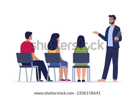 Man trains newcomers to company. HR manager explains tasks, sets goals for interns. Staff management concept. Personnel training. Onboarding, orientation training on first day. Vector illustration