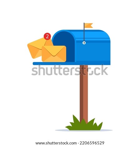 Mailbox with a raised flag, with an open door and letters inside. Blue post box with envelopes. Vector illustration