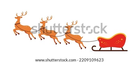 Santa on Sleigh and His Reindeers. Christmas Greeting card vector illustration