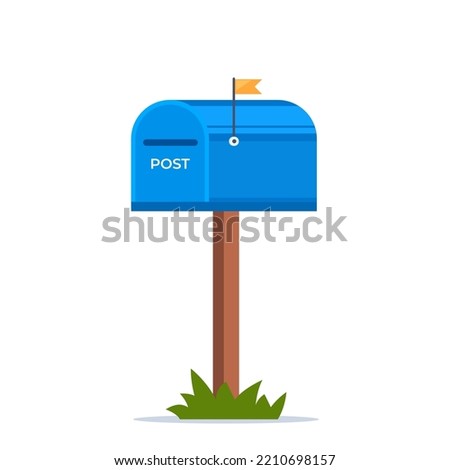 Mailbox with a closed door and raised flag. Blue post box, isolated on white background. Vector illustration