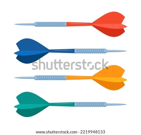 Red, green, blue and yellow darts isolated on white background. Vector set of realistic dart arrows
