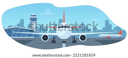 Airport terminal building, control tower and big aircraft on runway. City building silhouettes on background. Time to travel. Travel concept, vector illustration, flat