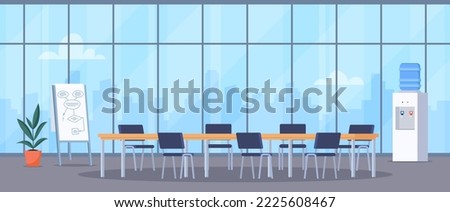 Empty conference room with big window and cityscape behind it. Meeting room for team brainstorming. Vector illustration