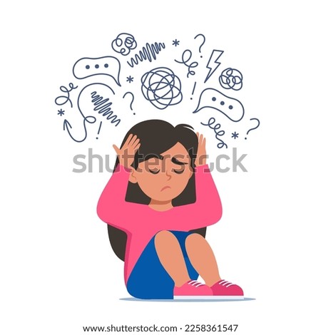 Sad girl sitting on floor surrounded by stream of anxious thoughts. Autism, child stress, mental disorder, anxiety, depression, stress, headache. Child plugged ears with hands. Vector illustration